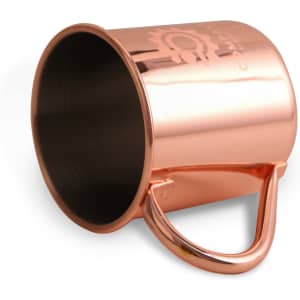 A copper Moscow Mule mug with a polished finish and a handle, featuring a logo on the side.