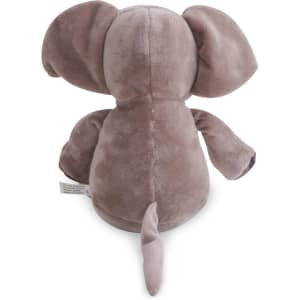 A grey plush elephant toy with large ears and a small tail, featuring a soft texture and a label.