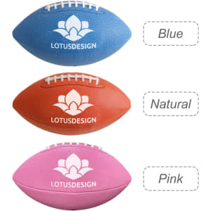Three American footballs in blue, orange, and pink, each featuring a logo. Text labels indicate their colours.
