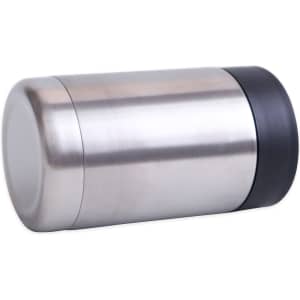 A 14oz stainless steel stubby holder with a black base, featuring a sleek, polished silver finish and a logo.