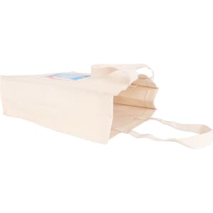 A beige cotton tote bag with long handles and a logo on one side, showcasing its spacious and sturdy design.