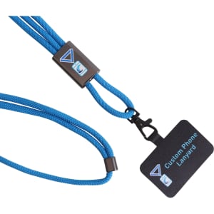 An adjustable blue phone lanyard with a metal buckle and a logo, featuring a detachable tag holder.