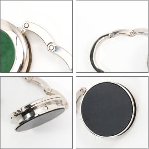 A foldable desk hook with a mirror, featuring a metallic finish and a round design in silver.