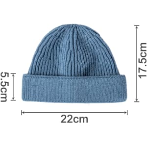 A round beanie in a blue hue, featuring a textured ribbed design and a rolled cuff. Dimensions are 22cm wide and 17.5cm tall.
