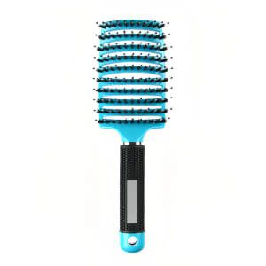 A blue detangler bristle hairbrush featuring a textured black handle and a logo on the side.