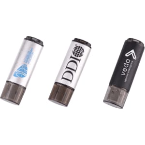 Three flash drives in silver and black, featuring different logos and a cylindrical design.