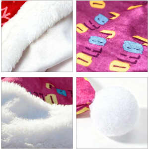 Close-up images of a red Santa hat featuring white fur trim, a fluffy pom-pom, and a vibrant pink inner lining.