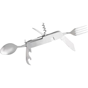 A stainless steel camping cutlery tool featuring a spoon, fork, knife, bottle opener, and corkscrew, with a compact design.