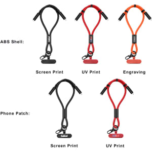 A collection of five 60W Charging Phone Straps in black, red, and orange, featuring various print options and a logo.