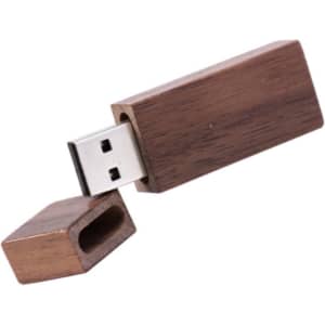 A rectangle wooden flash drive in a brown finish, partially opened to reveal the USB connector. Features a logo.