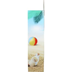 A cardboard floor display featuring a tropical beach design with colourful beach ball and seashell elements.