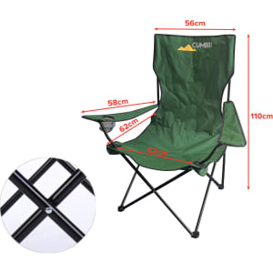 A large foldable camping chair in green with a side armrest and a black frame, featuring a logo on the back.