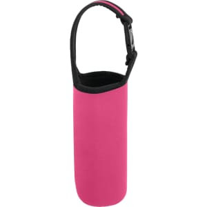 A drink bottle carrier pouch in bright pink with a black handle, featuring a sleek design.