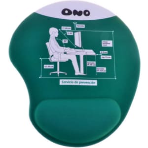 A green Bean Gel Pad with a contoured design, featuring a logo and an illustration related to office ergonomics.