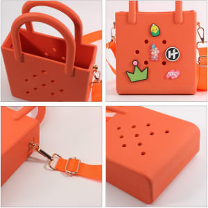 An orange EVA mini beach bag with two handles, a shoulder strap, and decorative patches. Features small holes throughout.