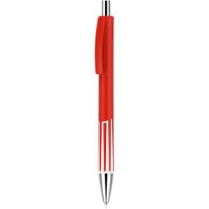 A plastic pen with a red barrel and chrome accents, featuring a clip and a pointed tip. It includes a logo.