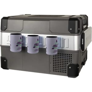 A drink bottle holder in grey with three stubby holders attached, featuring a logo on each holder.