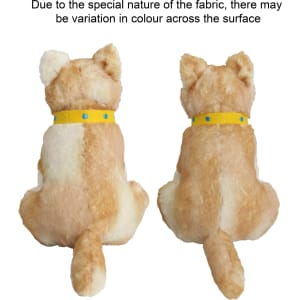 A plush toy of a dingo in tan and cream, featuring a yellow collar, viewed from the back.