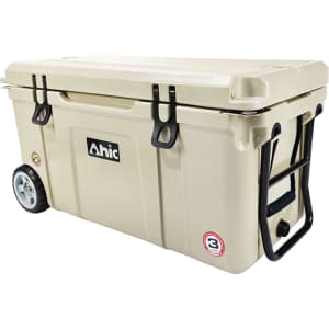 A 75L cooler box with wheels in a cream colour, featuring a handle and branding on the side.