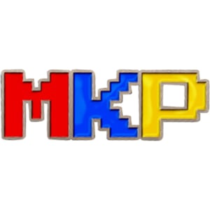 A colourful enamel pin featuring the letters "MKP" in red, blue, and yellow, outlined in silver.