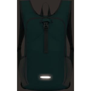 A large packable camping backpack in teal with reflective detailing and adjustable straps. It has a logo on the front.
