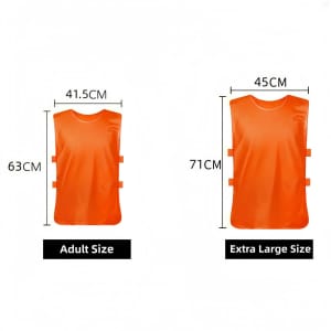 Two orange training bibs in adult and extra large sizes, featuring straps and a logo.