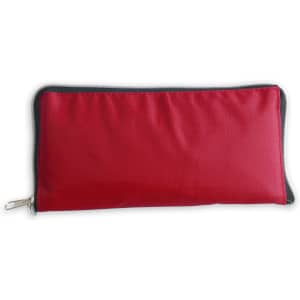 A red foldable tote bag displayed flat, featuring a zip closure and a contrasting black edge. It has a logo.
