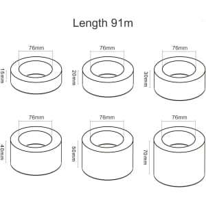 A diagram of six rolls of transparent packaging tape, each with different widths, all measuring 91m in length.