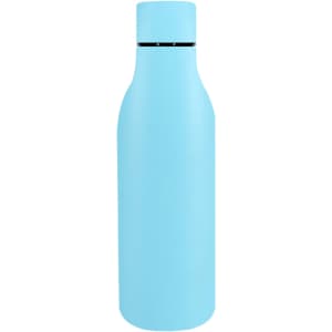 A drink bottle in a light blue colour with a sleek, modern design and a black lid. It has a logo on the surface.