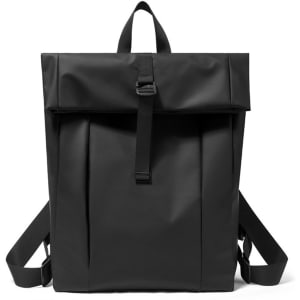 A black tarpaulin roll top backpack with adjustable straps and a secure fastening. Includes branding on the front.