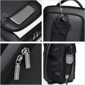 A black polyurethane laptop backpack with various compartments, including a phone pocket, a top handle, and zippered details.