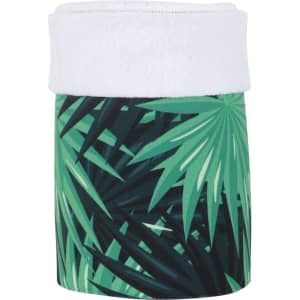 A drink bottle holder featuring a green tropical leaf design with a white fluffy top. It has a logo.