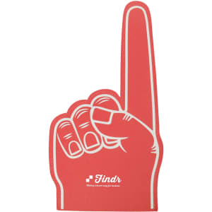 A giant foam hand in red, shaped like a raised hand with one finger pointing up, featuring a logo at the base.