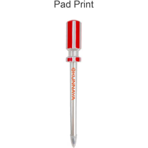 A screwdriver-shaped ballpoint pen in silver and red, featuring a shiny finish and a logo.