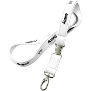 A white neoprene lanyard features a metal clip and branding.