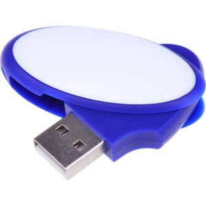 An oval swivel flash drive in blue, featuring a white surface and a metallic USB connector.