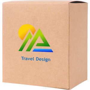 A medium square gift box in brown with a logo and design featuring mountains and a sun.