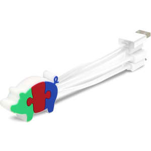 A PVC custom charging cable with a pig-shaped design in red, green, and blue, featuring a logo on its side.