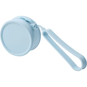 A round silicone coin pouch in light blue, featuring a zip closure and a handy strap.
