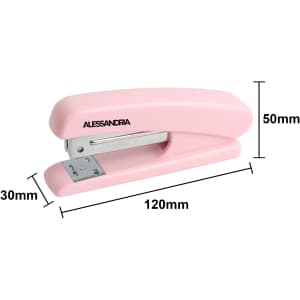 A pink stapler with a metallic base, measuring 120mm by 50mm and 30mm in height, featuring a logo.
