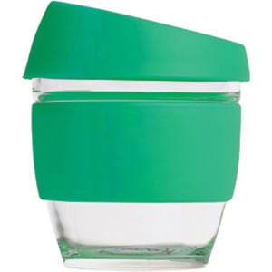 A drink bottle featuring a clear glass body with a green silicone lid and sleeve, perfect for reusable coffee.