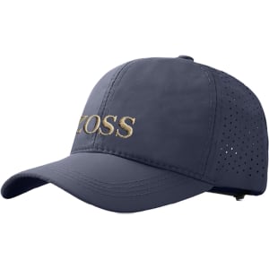 A navy blue perforated cap with a logo and a curved brim, designed for quick drying.