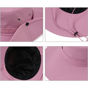 A wide brim sun hat in soft pink featuring ventilation holes and a drawstring for adjustment, with a black interior.
