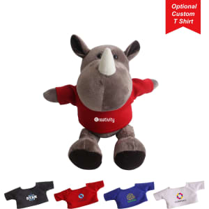 A grey rhinoceros plush toy wearing a red t-shirt, with different coloured optional t-shirts displayed below.