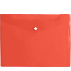 A4 clear file envelope in bright orange, featuring a button closure and a smooth, glossy finish.