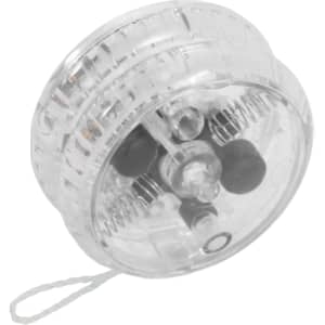 A clear, circular yoyo with an internal light feature and a string attachment.