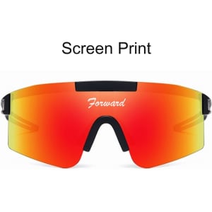 Frameless sports sunglasses with a mirrored orange lens and black accents. Features a logo on the lens.