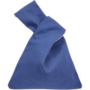 A cotton wrist bag in navy blue with a unique knot design at the top and a branding logo on the surface.