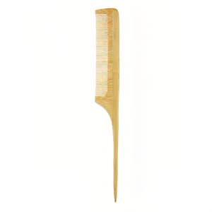 A bamboo hair comb in a light brown hue with a pointed end and fine-toothed design, featuring a logo.