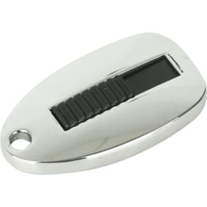 A shiny silver flash drive with a black sliding mechanism and a keychain hole for attachment.